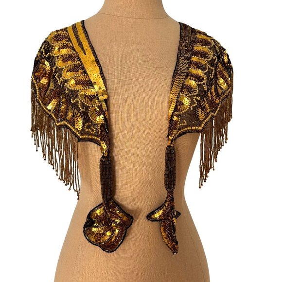 Vintage 1970s Gold Bead & Fringe Chiffon Capelet Shawl Sequin Wrap Scarf - Picture 2 of 8